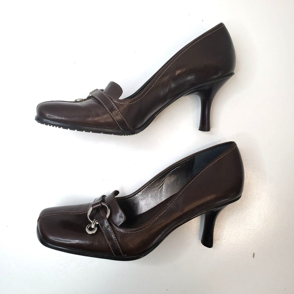 Gianni Bini Square Toe Pump Sz 7 Brown Leather Slip On Heeled Career Dress Shoe - Picture 7 of 11